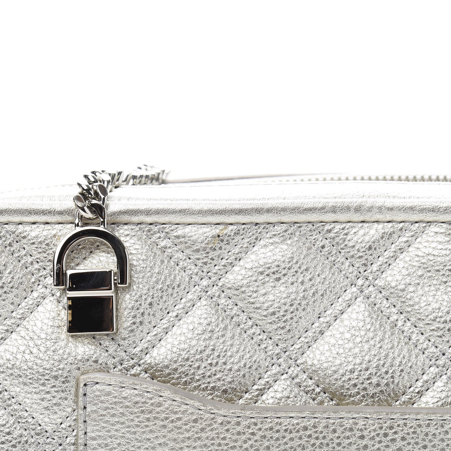 Metallic Grained Calfskin Quilted Double Stitched The Status Shoulder Bag Silver