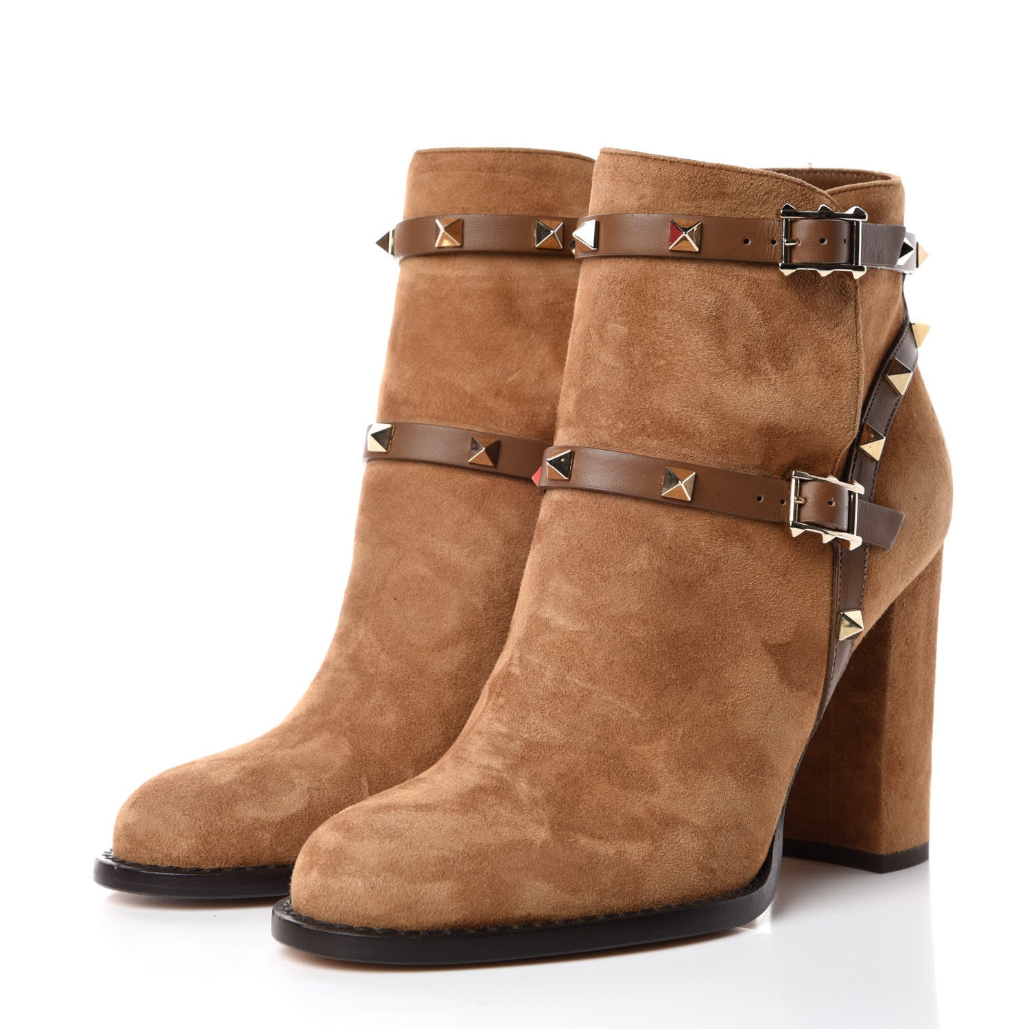 Valentino Garavani Suede Rockstud Double Buckle 100mm Block Heel Ankle Boots 36.5 Nocciola 3 of 9