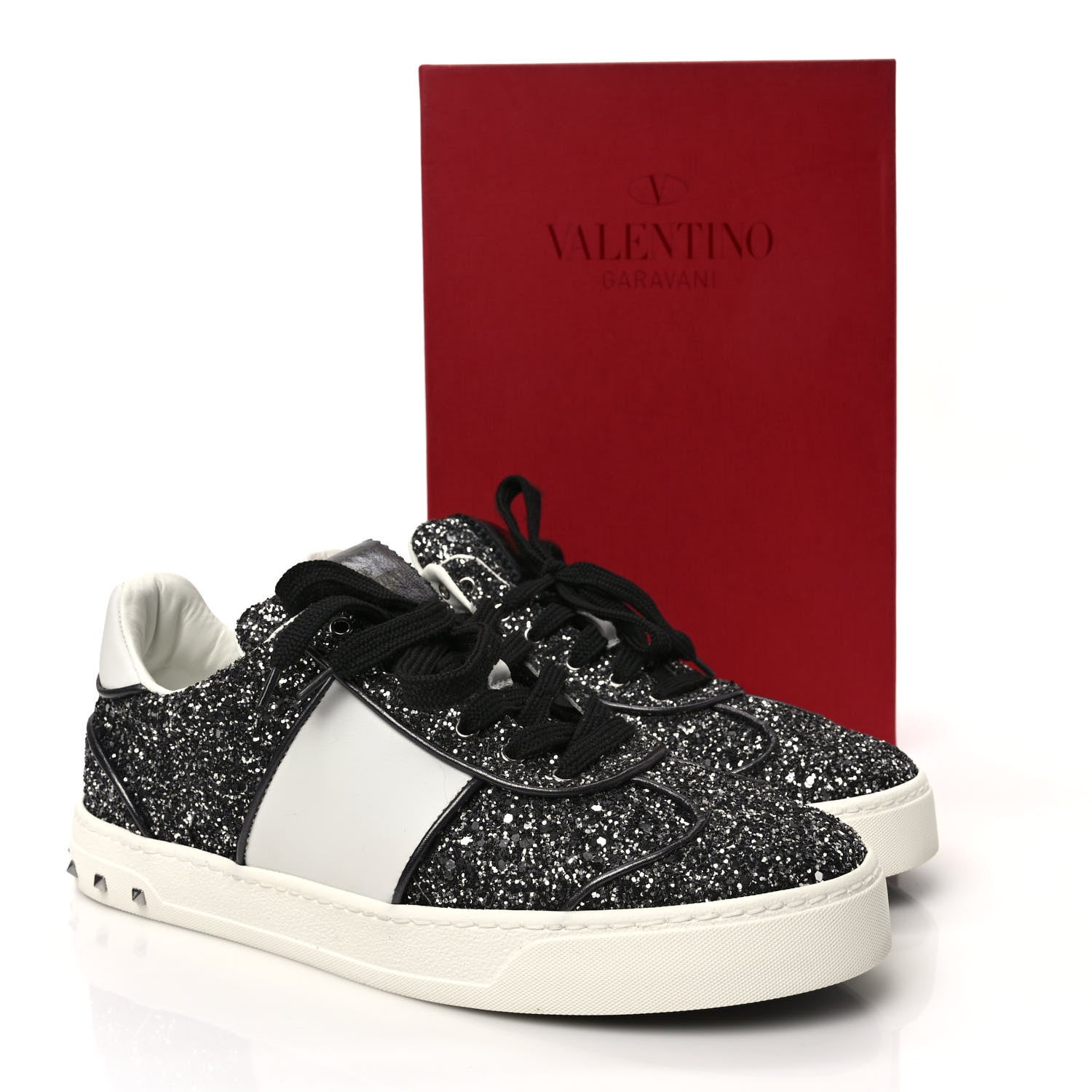 Valentino Garavani Calfskin Glitter Flycrew Sneakers 40 Black 9 of 9