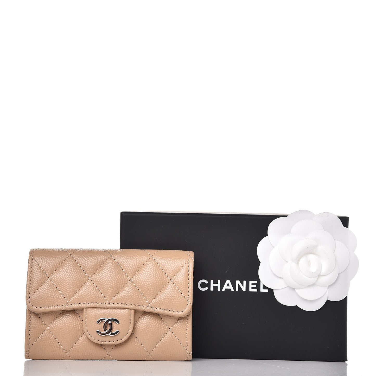 Caviar Quilted Card Holder Wallet Beige