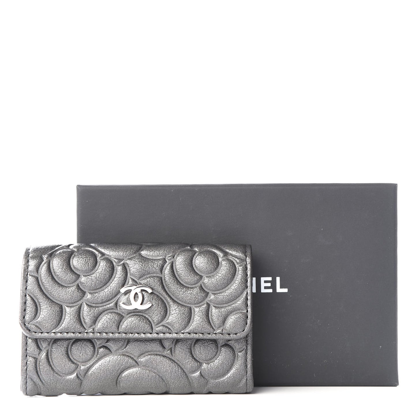 Goatskin Camellia Embossed Flap Card Holder Wallet Grey
