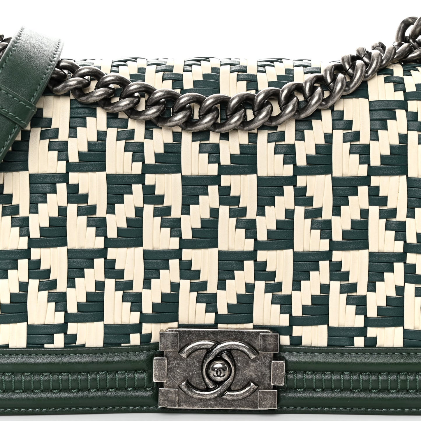 Calfskin Woven Medium Boy Flap Green White
