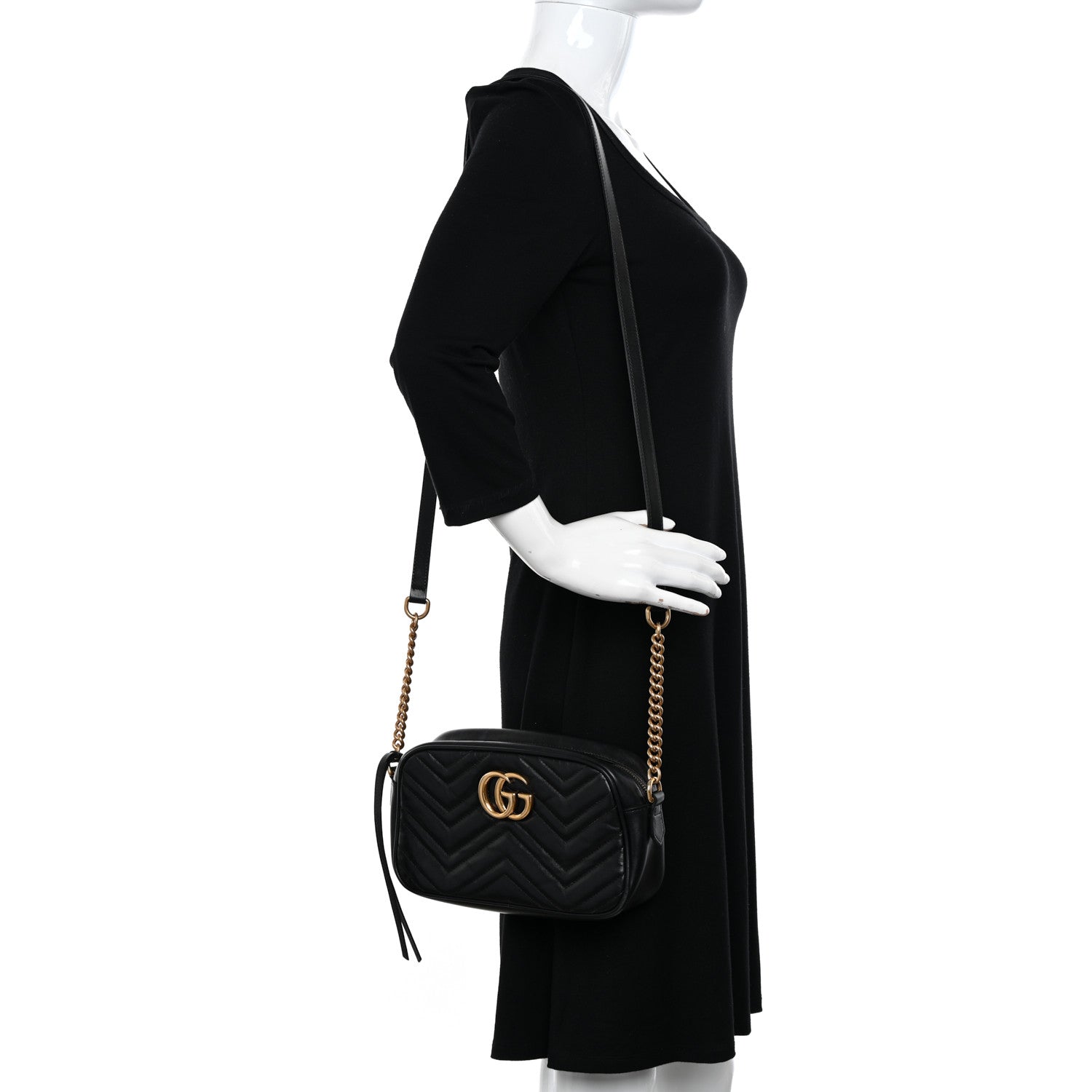 Gucci Calfskin Matelasse Small GG Marmont Chain Shoulder Bag Black 2 of 16