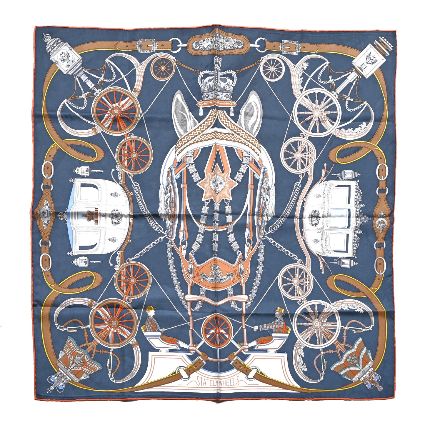 Silk Stately Wheels Scarf 90 Bleu Ardoise White Orange