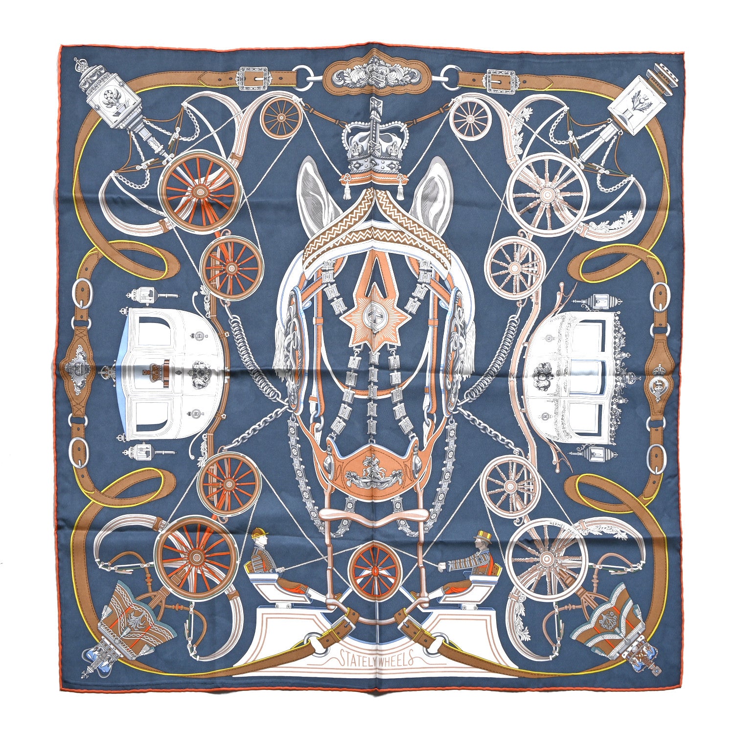 Hermes Silk Stately Wheels Scarf 90 Bleu Ardoise White Orange 1 of 6