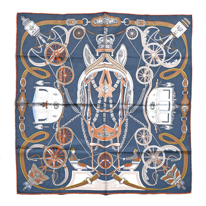 Hermes Silk Stately Wheels Scarf 90 Bleu Ardoise White Orange 1 of 6