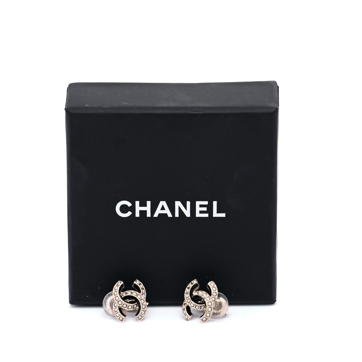 Enamel Pearl CC Clip On Earrings Light Gold Black