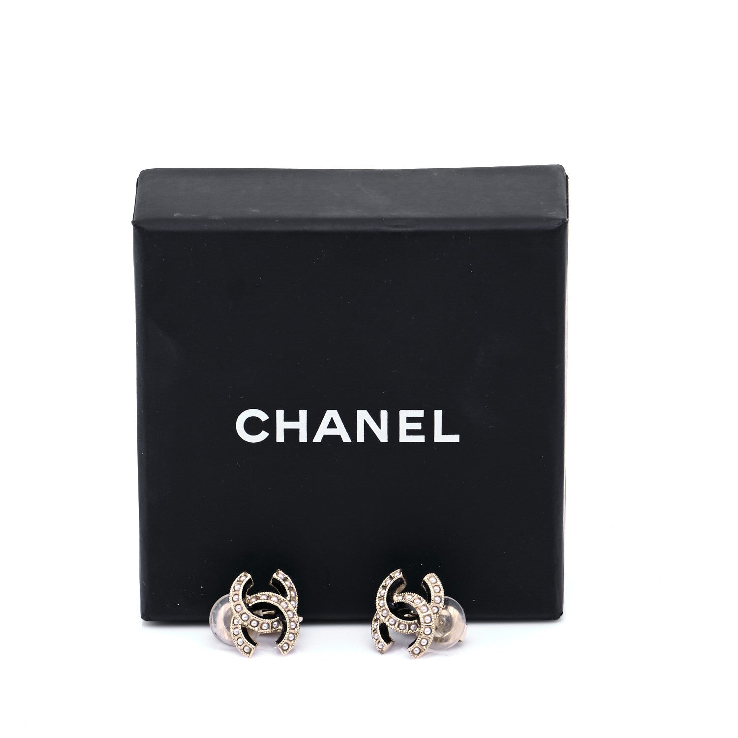 Chanel Enamel Pearl CC Clip On Earrings Light Gold Black 6 of 6