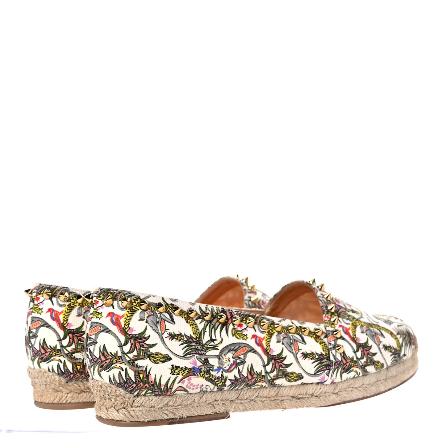 Canvas Loubi Jungle Print Ares Spikes Flat Espadrilles 41 Ivory Gold