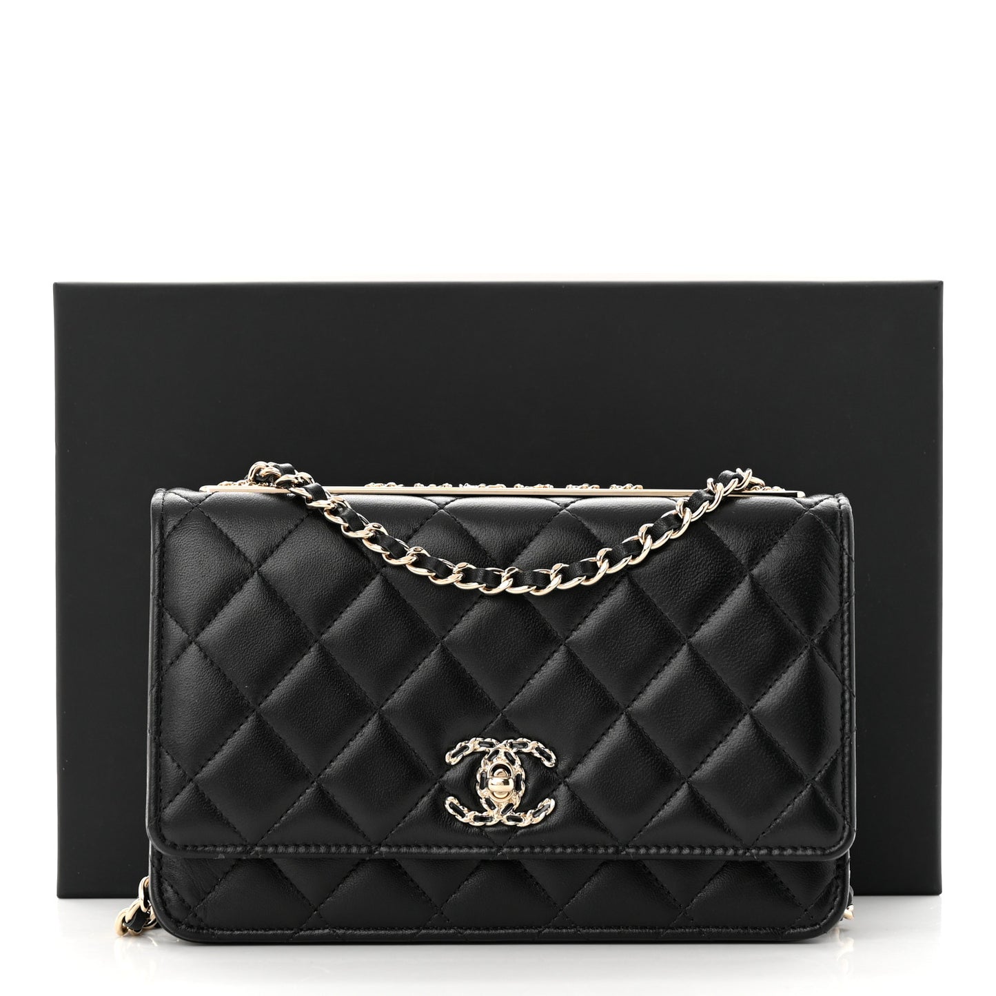Lambskin Quilted Trendy Chain CC Wallet On Chain WOC Black