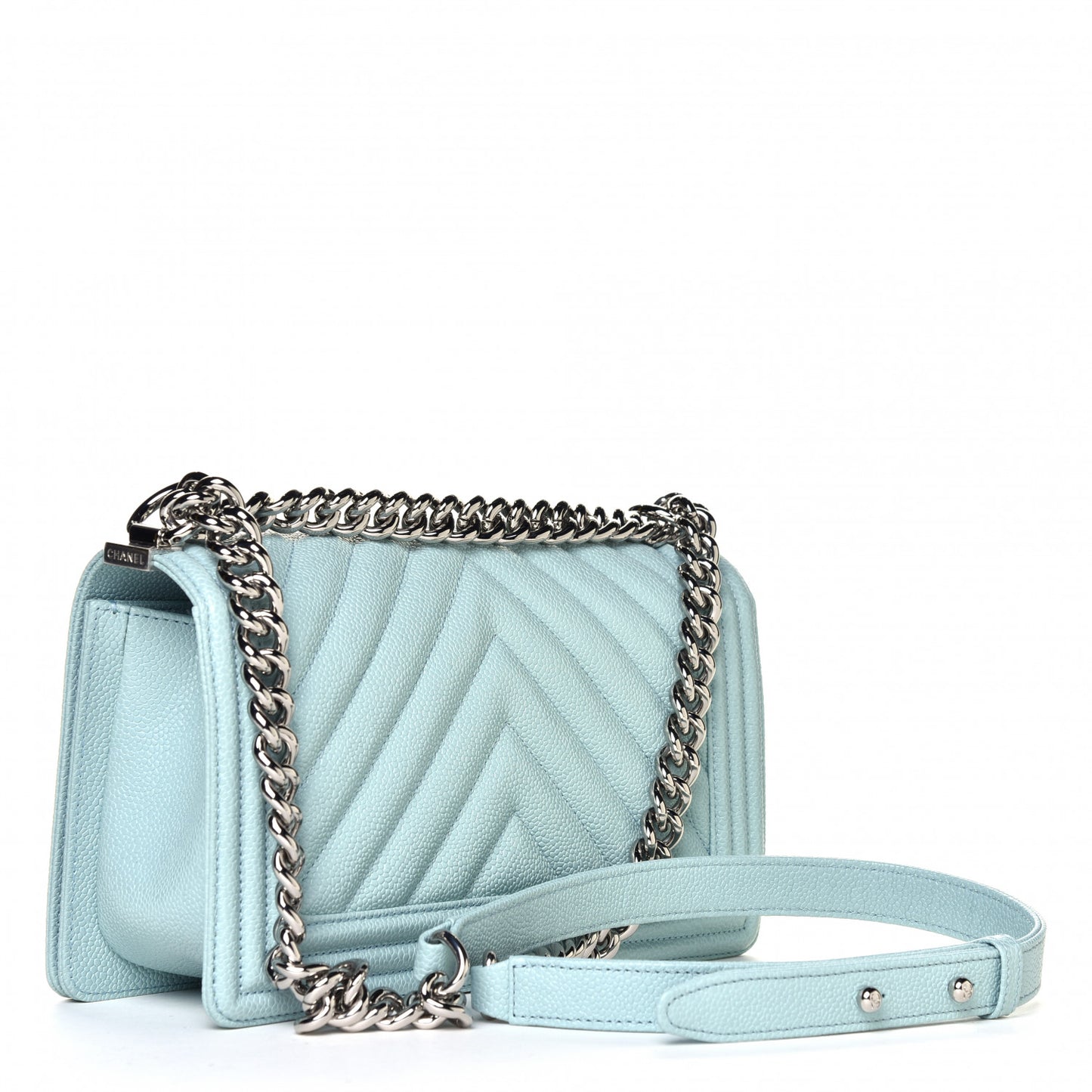 Caviar Chevron Quilted Medium Boy Flap Light Blue