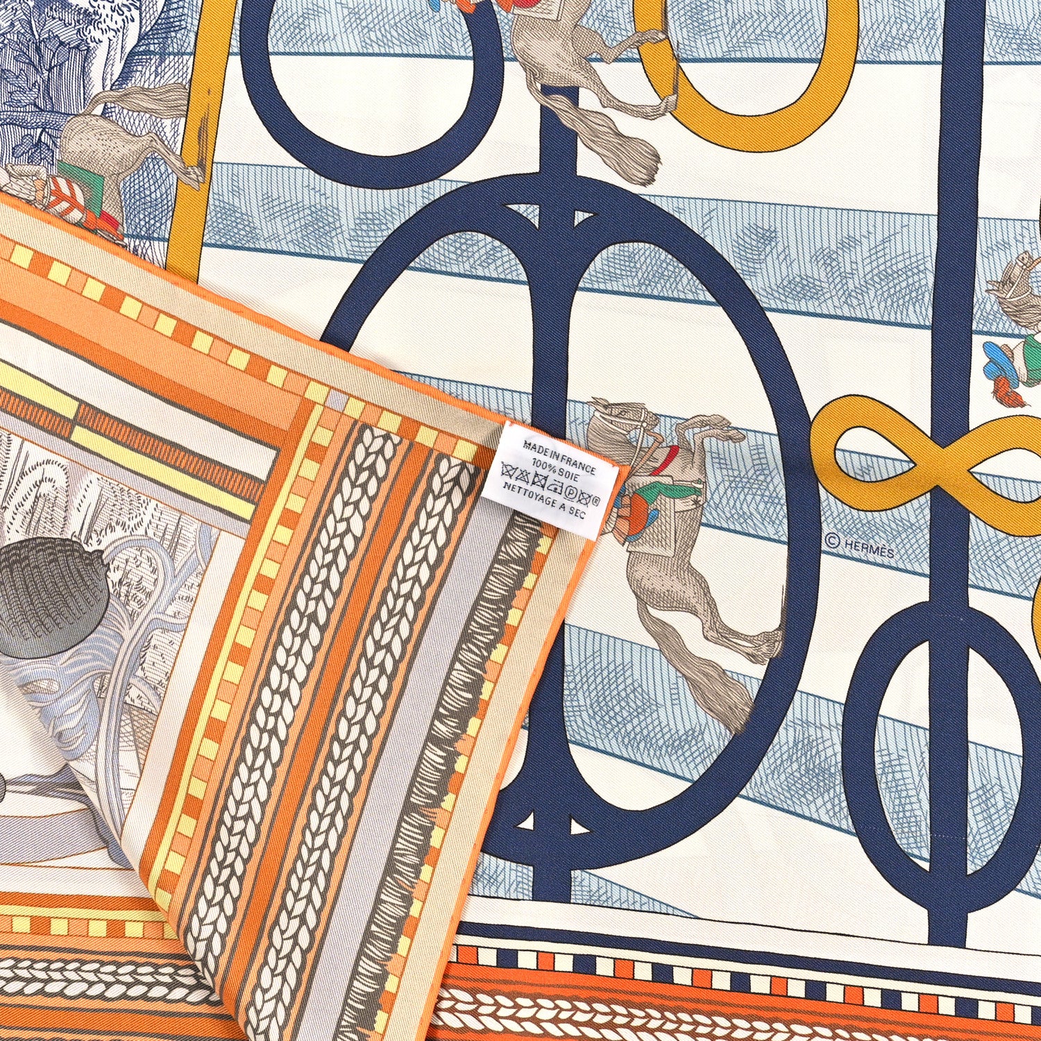 Hermes Silk Passades et Serpentines Double Face Scarf 90 Orange White Bleu 3 of 4
