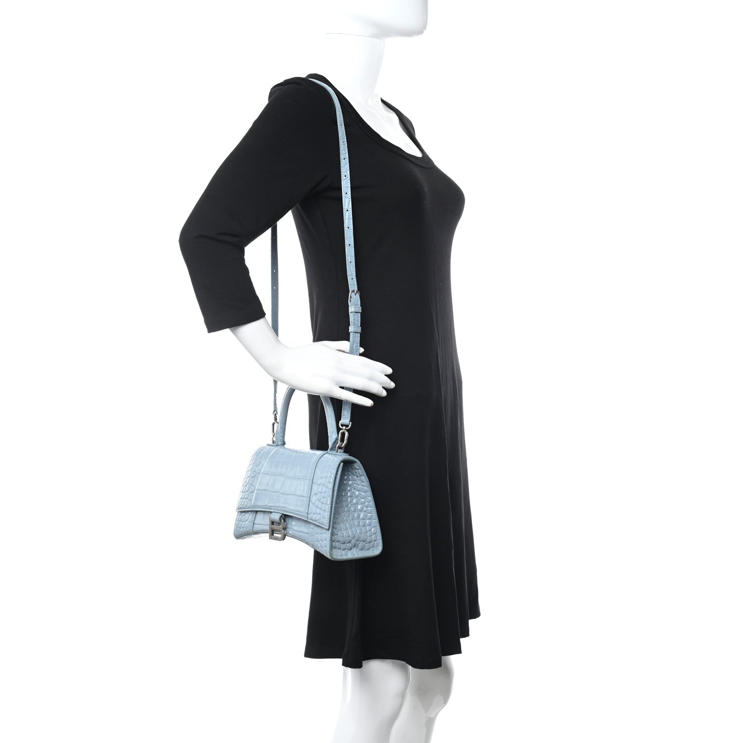 Balenciaga Shiny Calfskin Crocodile Embossed Small Hourglass Top Handle Bag Blue Grey 2 of 13