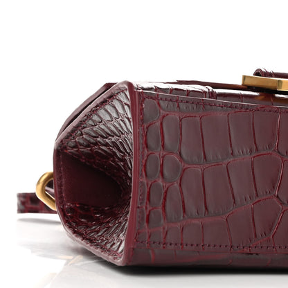 Balenciaga Shiny Calfskin Crocodile Embossed Hourglass Top Handle Bag XS Dark Red 9 of 10