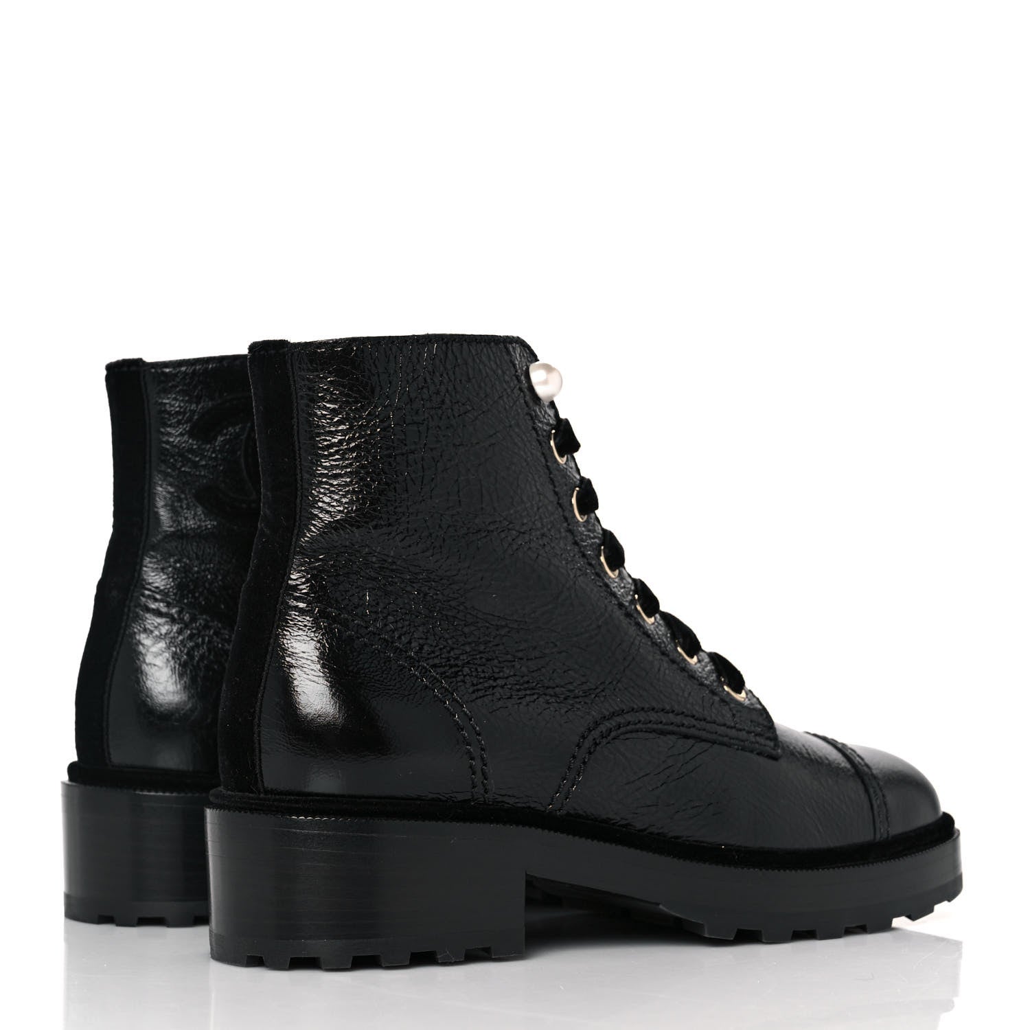 Chanel Shiny Calfskin Velvet Pearl Combat Short Boots 37 Black 4 of 8