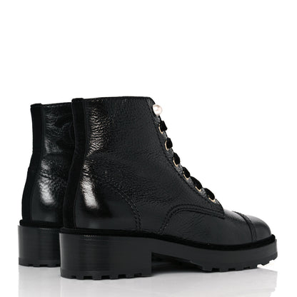 Chanel Shiny Calfskin Velvet Pearl Combat Short Boots 37 Black 4 of 8