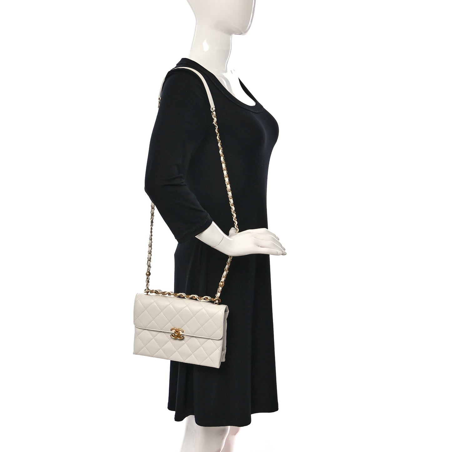Lambskin Quilted Chain Bar Top Handle Flap White