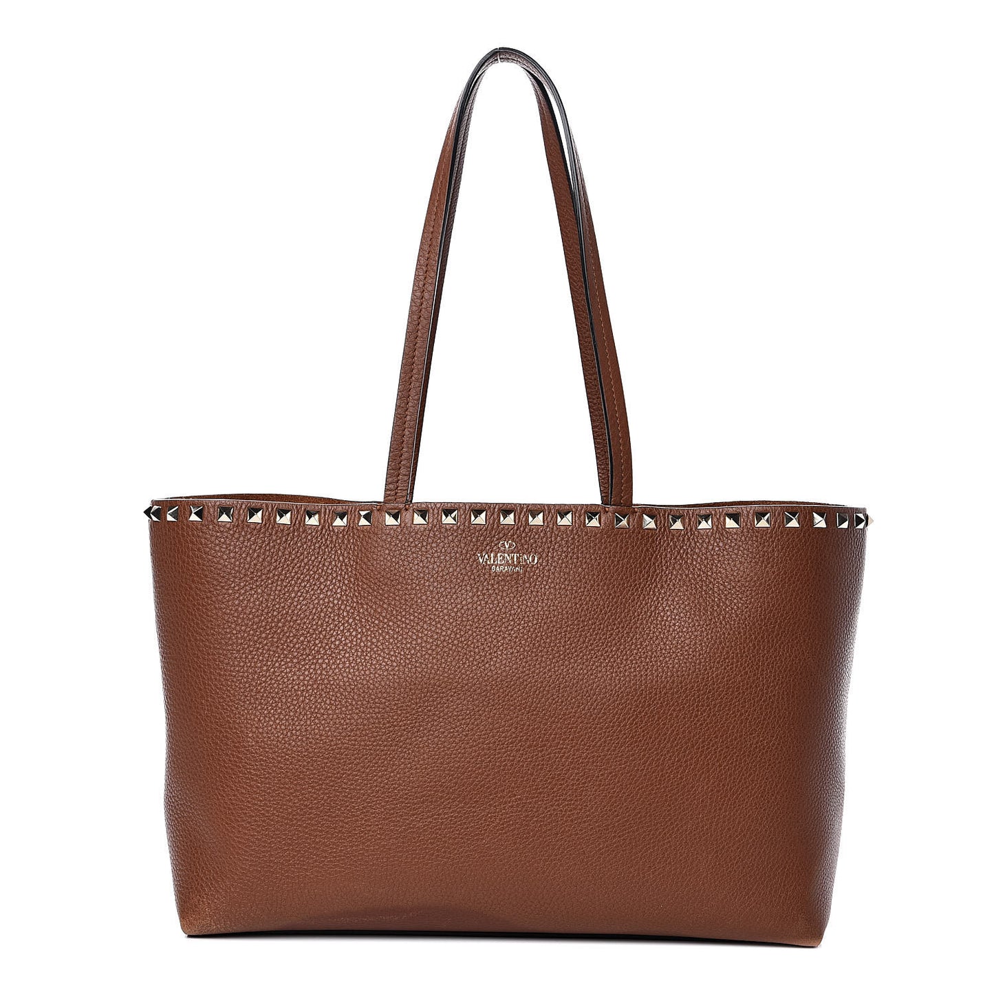 Grained Calfskin Small Rockstud Shoulder Tote Bright Cognac