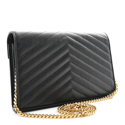Saint Laurent Grain De Poudre Matelasse Chevron Monogram Chain Wallet Black 3 of 12