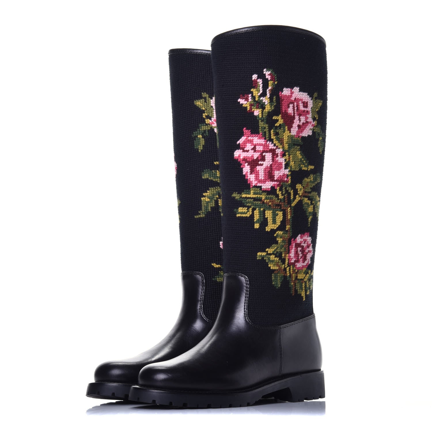 Saint Laurent Woven Wool Embroidered Calfskin Knee High Boot 36.5 Black 3 of 7