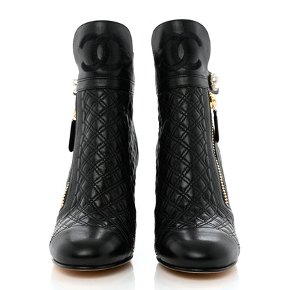 Chanel Lambskin Quilted Pearl CC Cap Toe Short Boots 37 Black 2 of 9