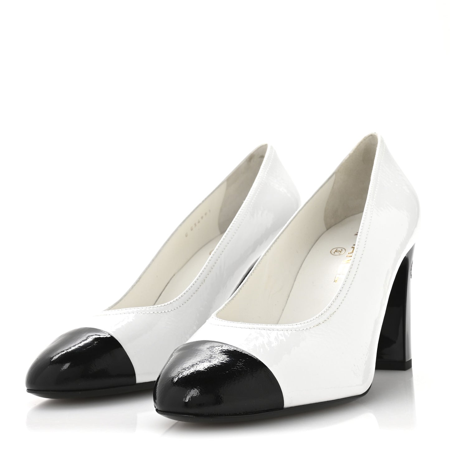 Patent Calfskin Crystal Cap Toe Logo Pumps 40 White Black