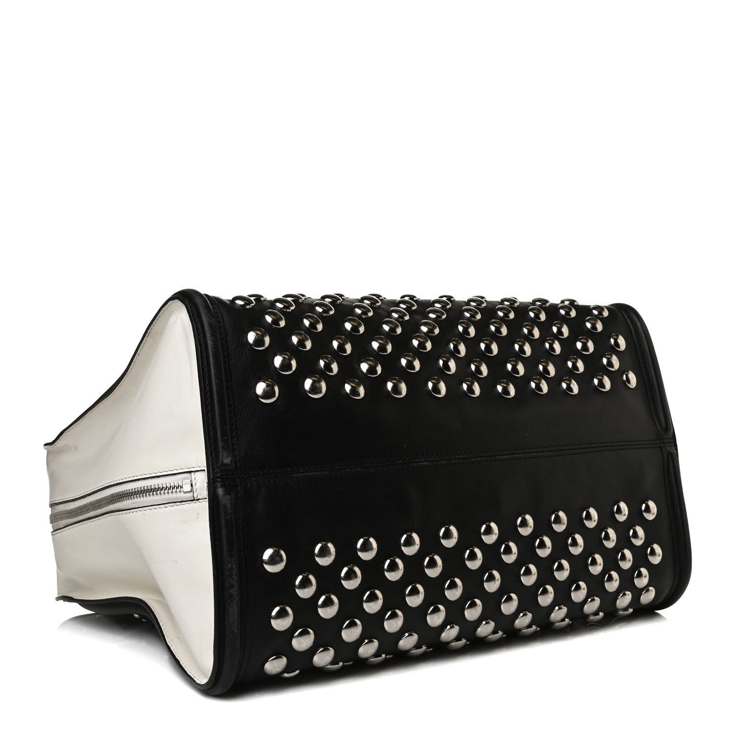 Calfskin Large Studded Padlock Zip Around Tote Black White