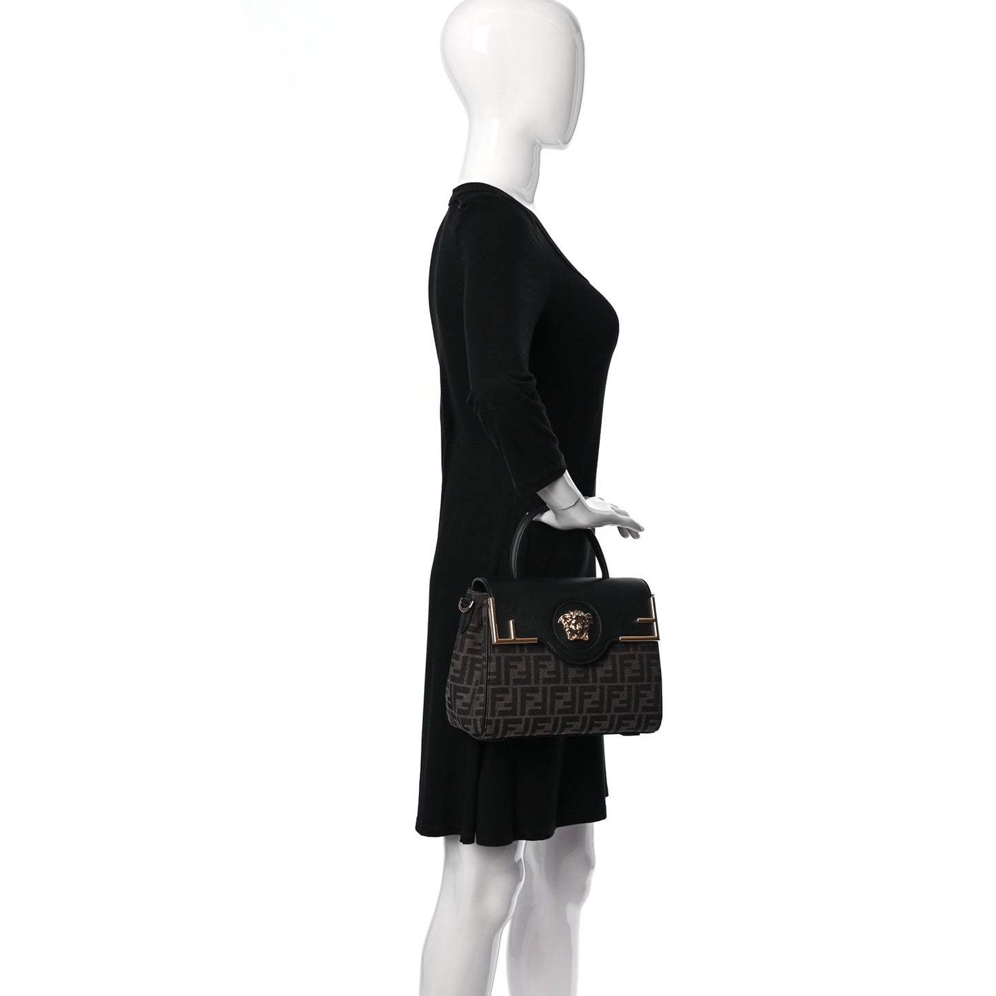 X FENDI Grained Calfskin Fendace Medium La Medusa Top Handle Bag Black Brown