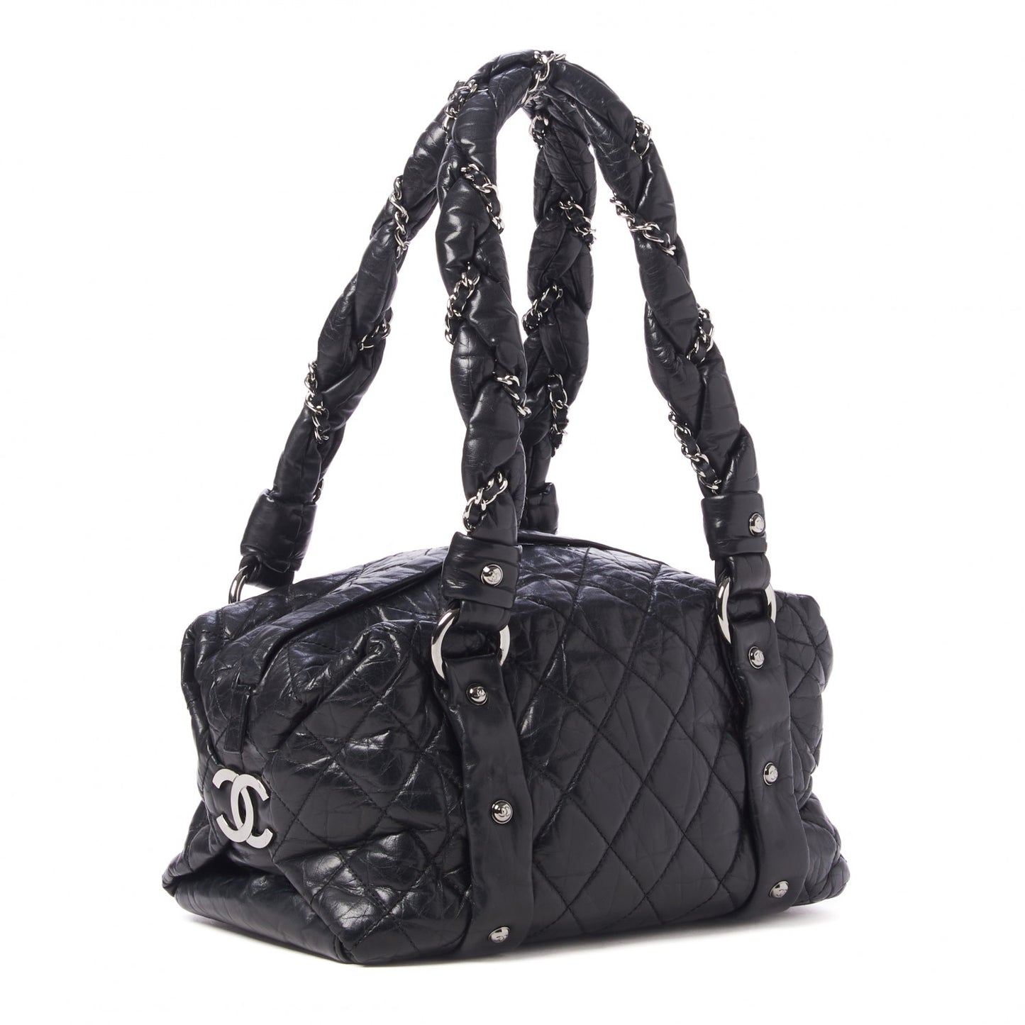 Distressed Lambskin Small Lady Braid Tote Black