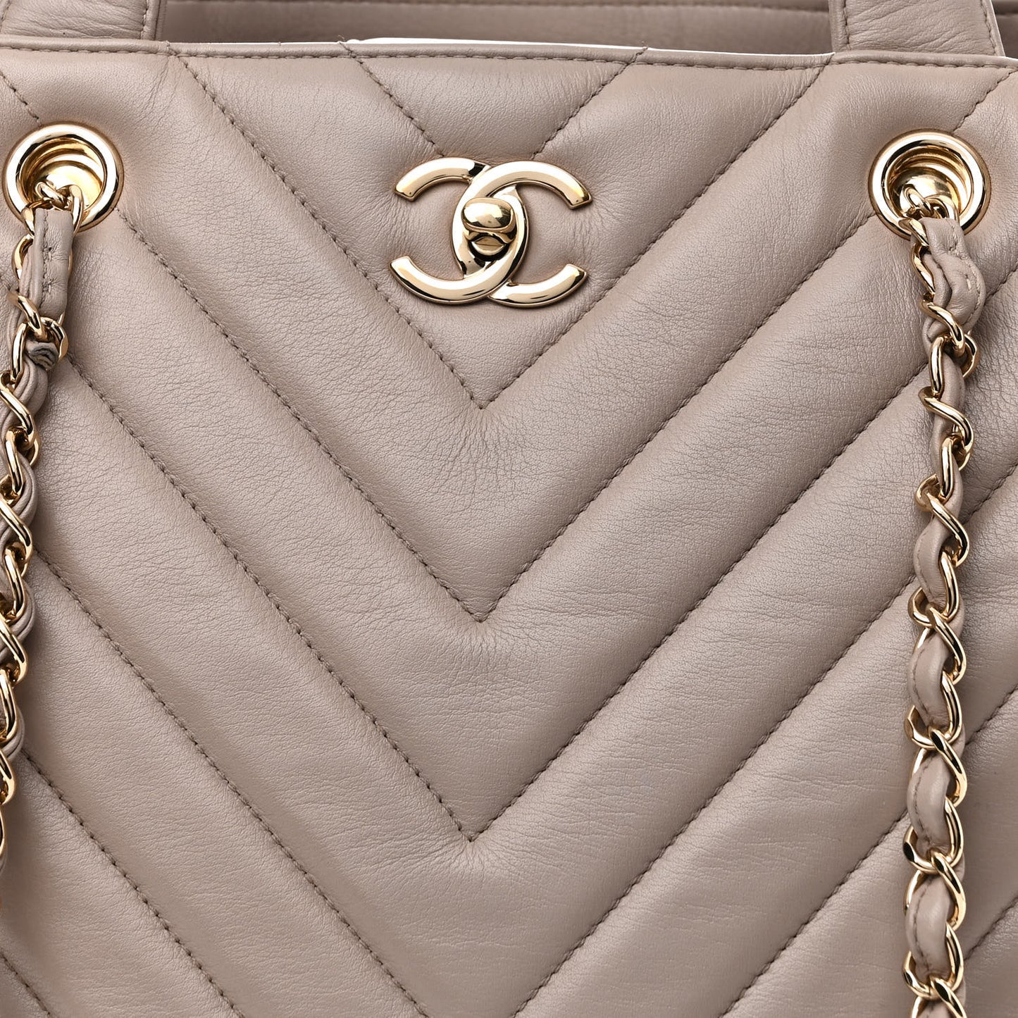 Calfskin Chevron Quilted Statement Shopping Tote Beige