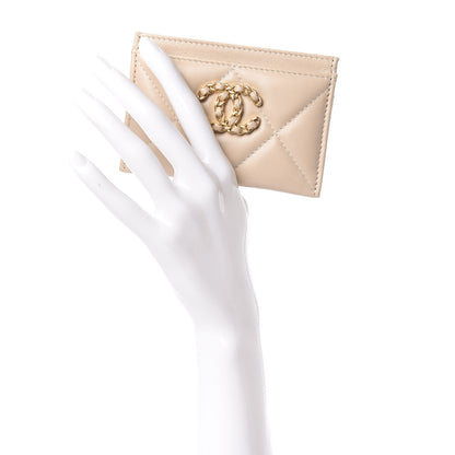 Chanel Shiny Goatskin Quilted Chanel 19 Card Holder Beige 2 of 9