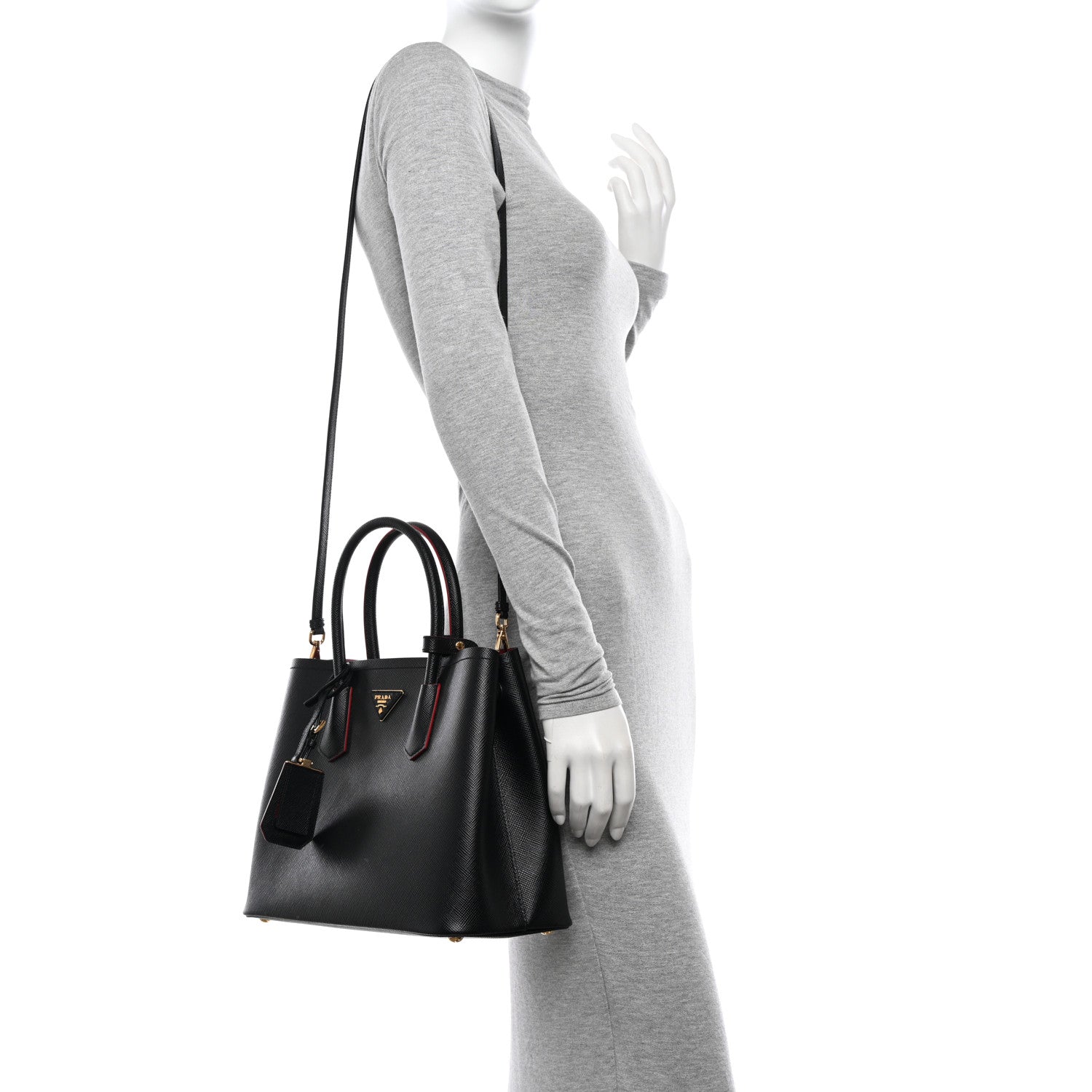 Prada Saffiano Cuir Medium Double Bag Black Fuoco 2 of 11