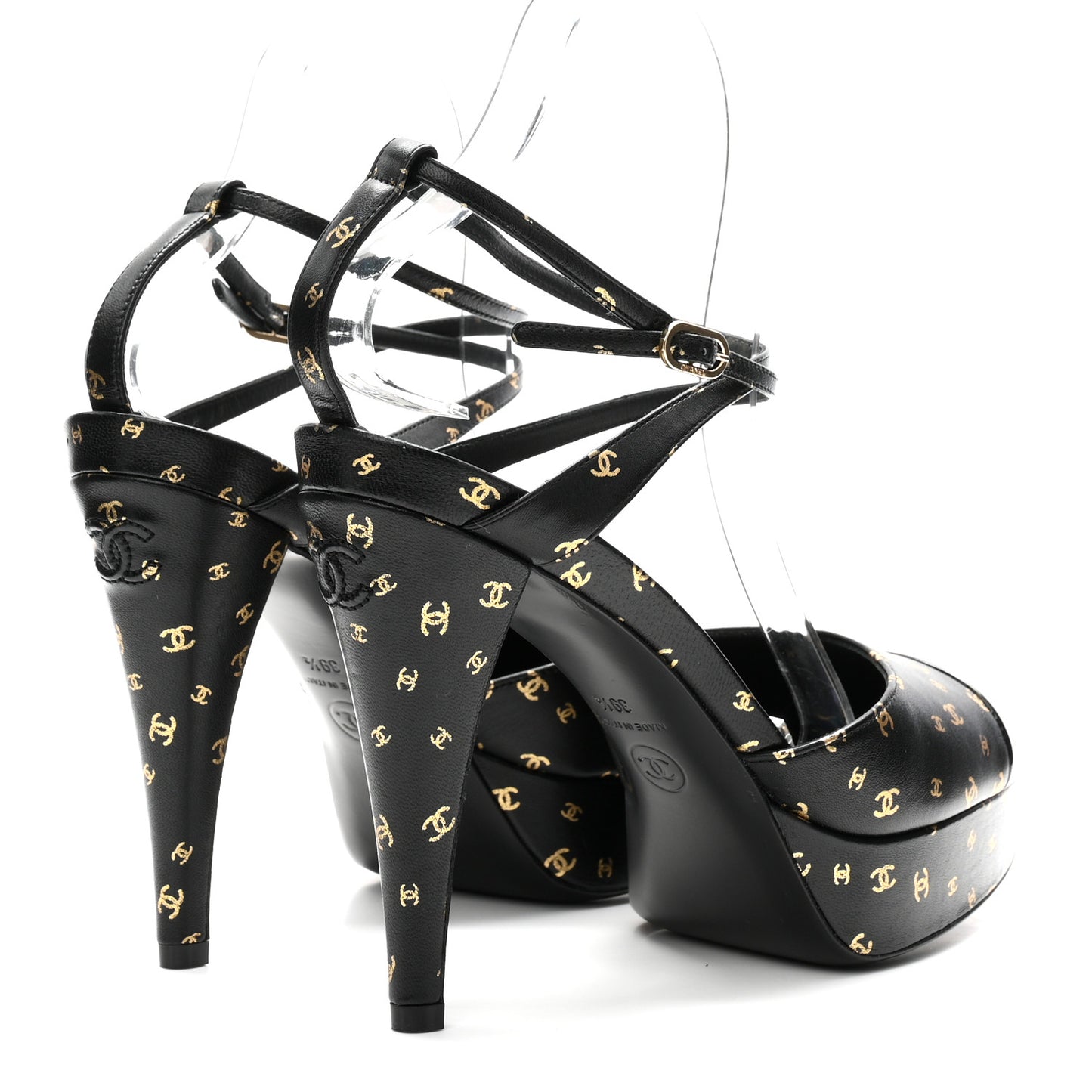 Printed Lambskin Patent Calfskin CC Platform Pumps 39.5 Black Gold