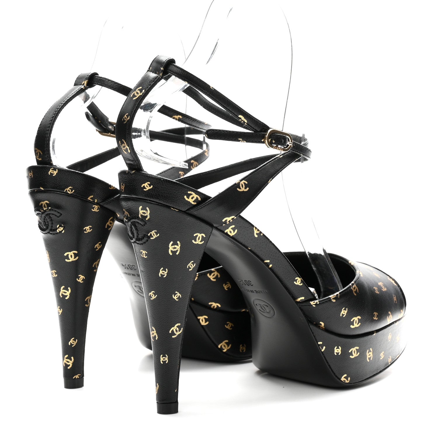 Chanel Printed Lambskin Patent Calfskin CC Platform Pumps 39.5 Black Gold 5 of 10