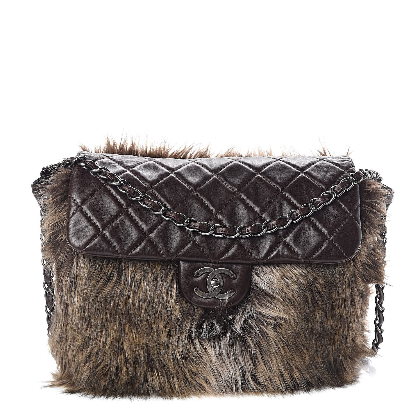 Lambskin Quilted Fantasy Fur Flap Brown