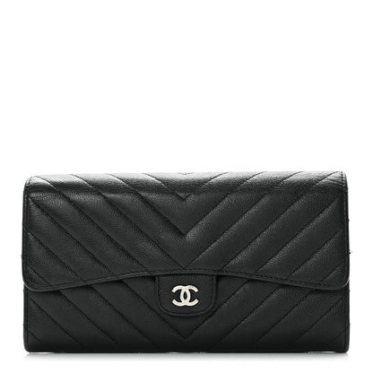Chanel Caviar Chevron Quilted Large Gusset Flap Wallet Black 1 of 9