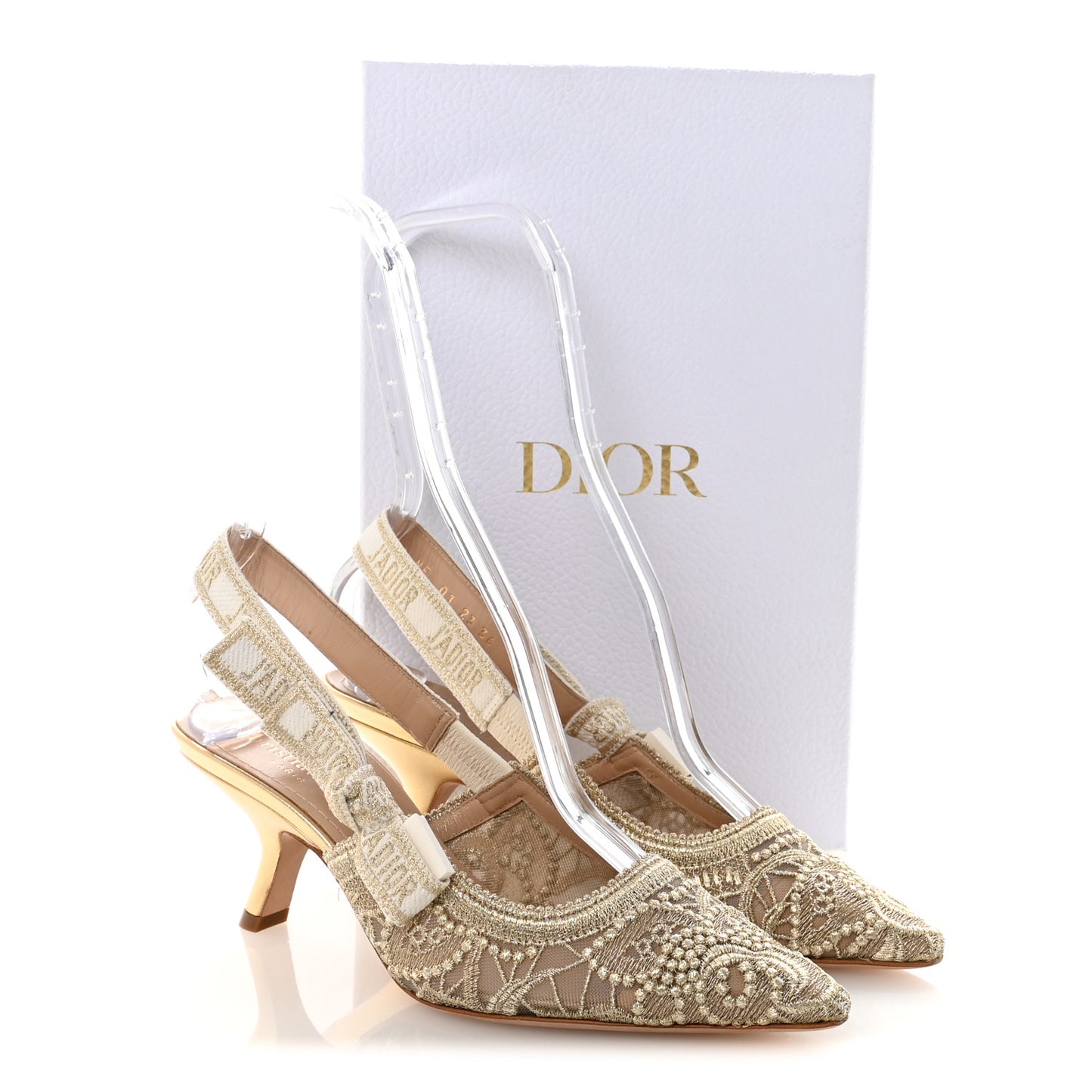 Transparent Metallic Embroidered Mesh Macrame Constantine Embroidered J'Adior Slingback 65mm Pumps 36 Pale Gold