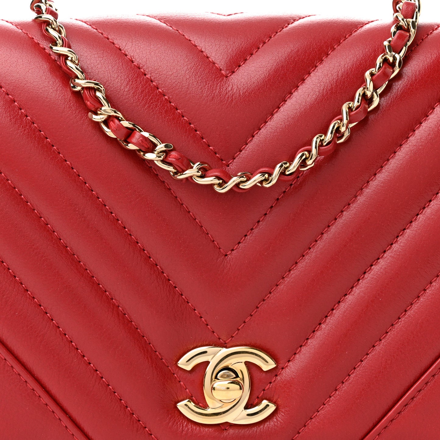 Calfskin Chevron Quilted Mini Statement Flap Red