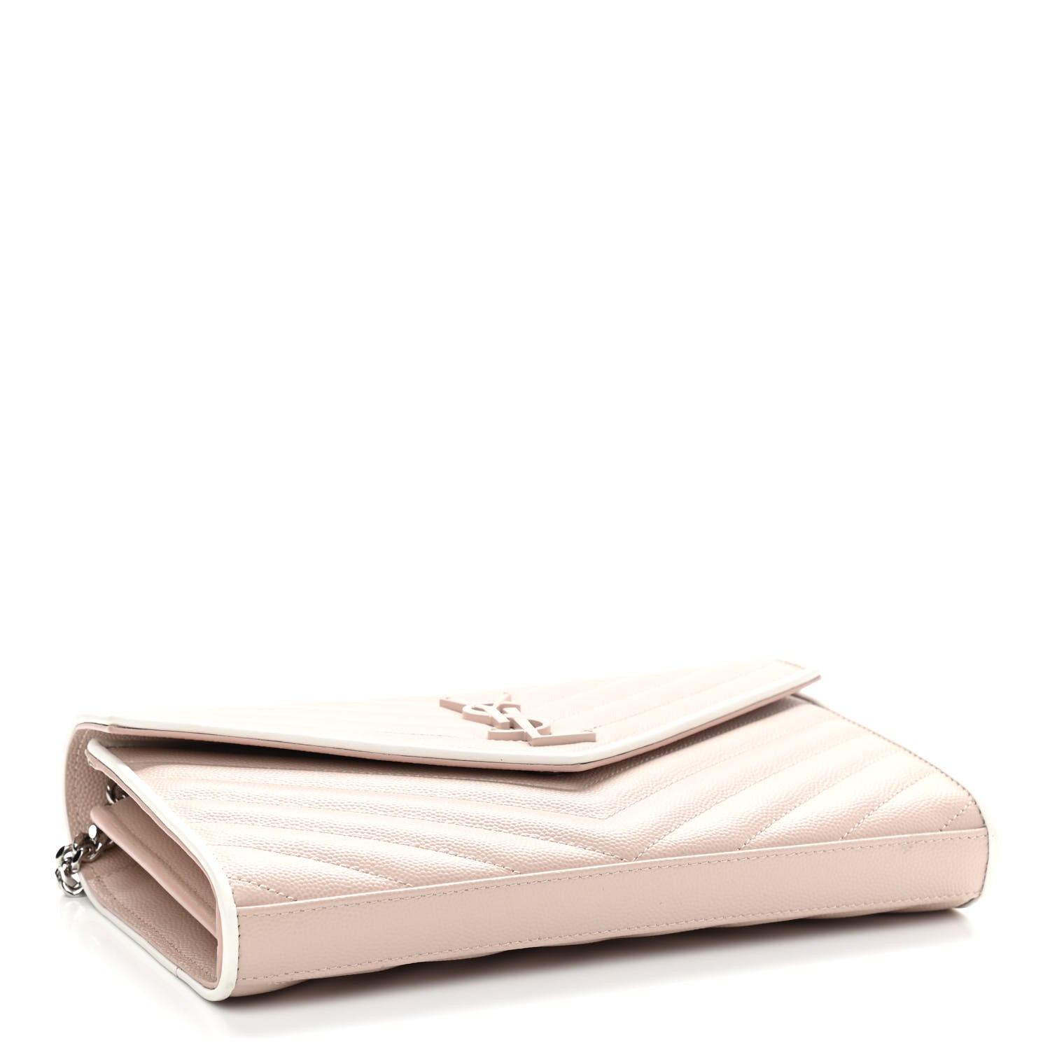 Saint Laurent Grain De Poudre Matelasse Chevron Monogram Chain Wallet Pink and White 4 of 11