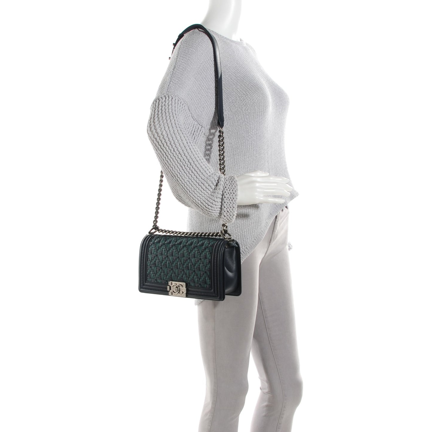 Calfskin Woven Medium Boy Flap Navy Green