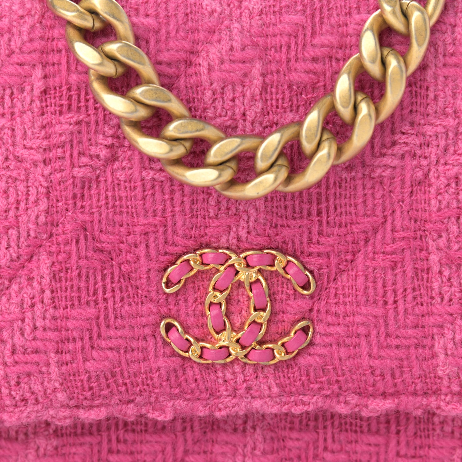 Chanel Wool Tweed Lambskin Quilted Chanel 19 Wallet On Chain WOC and Coin Purse Fuchsia 10 of 13