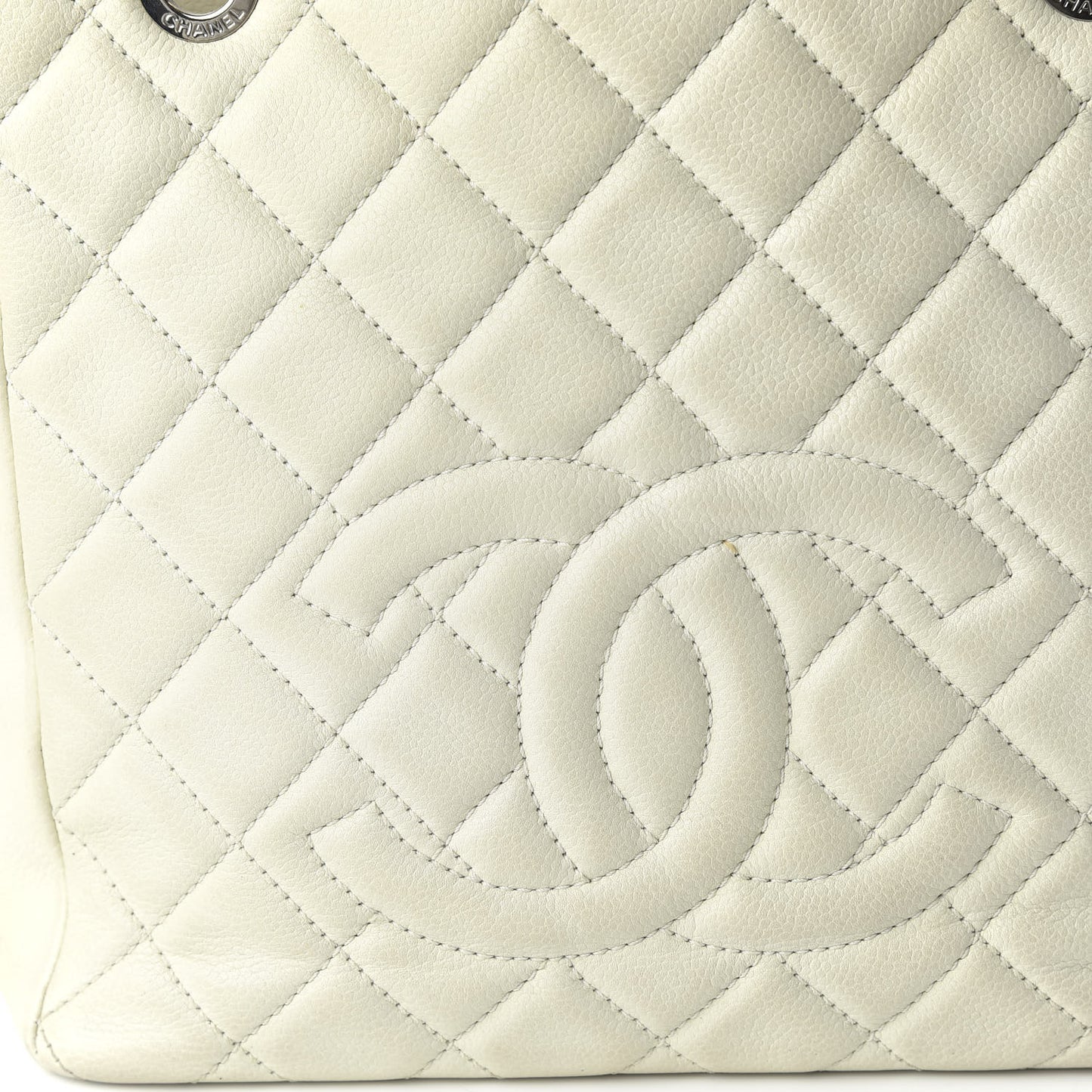 Caviar Quilted Petit Shopping Tote PST White
