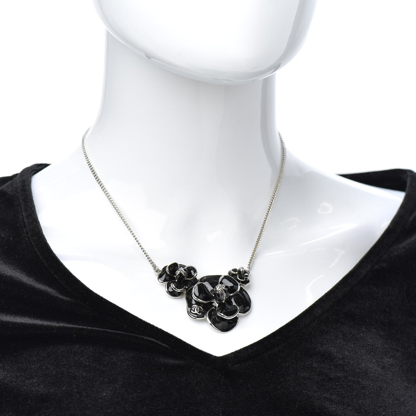 Enamel CC Camellia Necklace Silver Black
