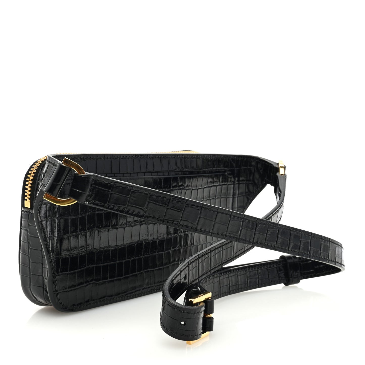 Calfskin Crocodile Embossed Small Zip Belt Bag Black