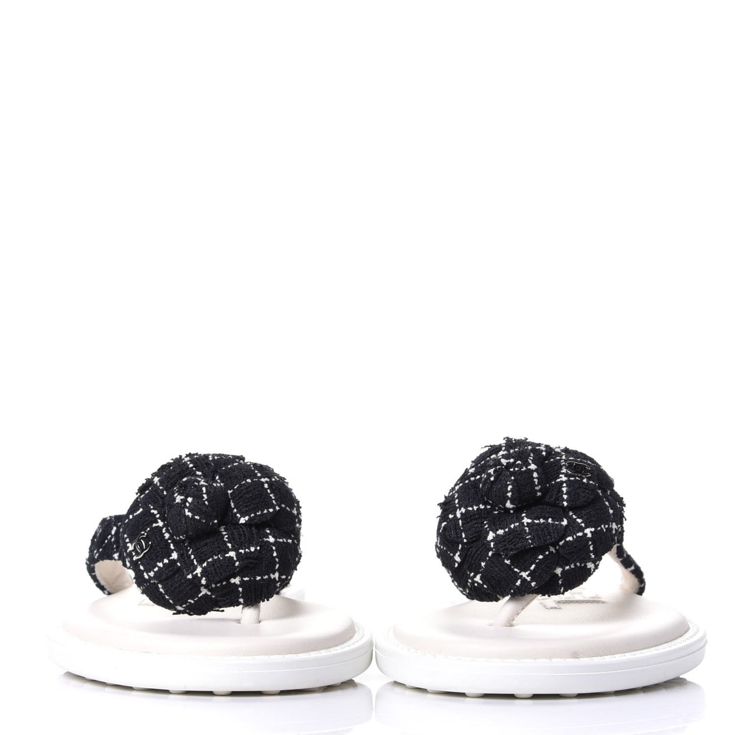 Tweed Quilted Camellia Thong Sandals 39 Black White