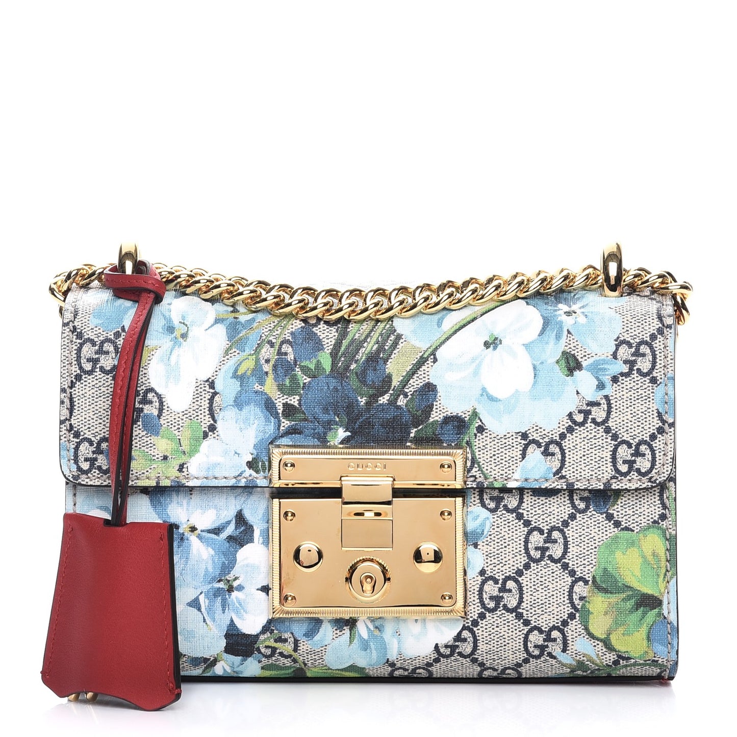 GG Supreme Monogram Blooms Small Padlock Shoulder Bag Beige Blue Navy Hibiscus Red