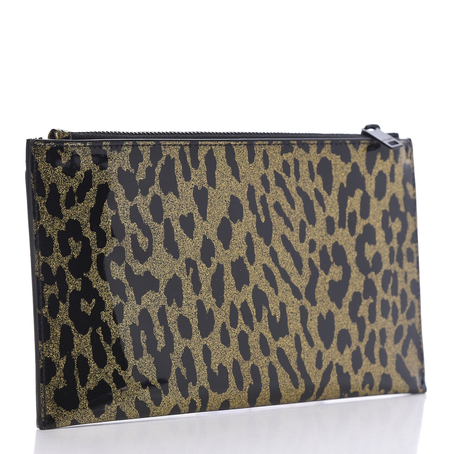Patent Glitter Leopard Monogram Zip Pouch Gold Black