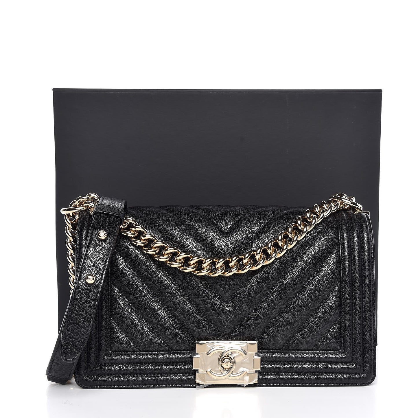 Caviar Chevron Quilted Medium Boy Flap Black