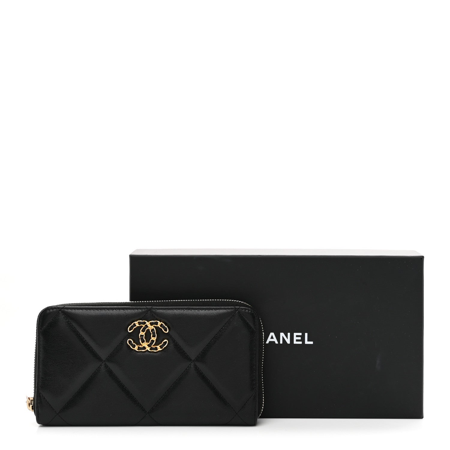 Chanel Shiny Goatskin Quilted Chanel 19 Long Zipped Around Wallet