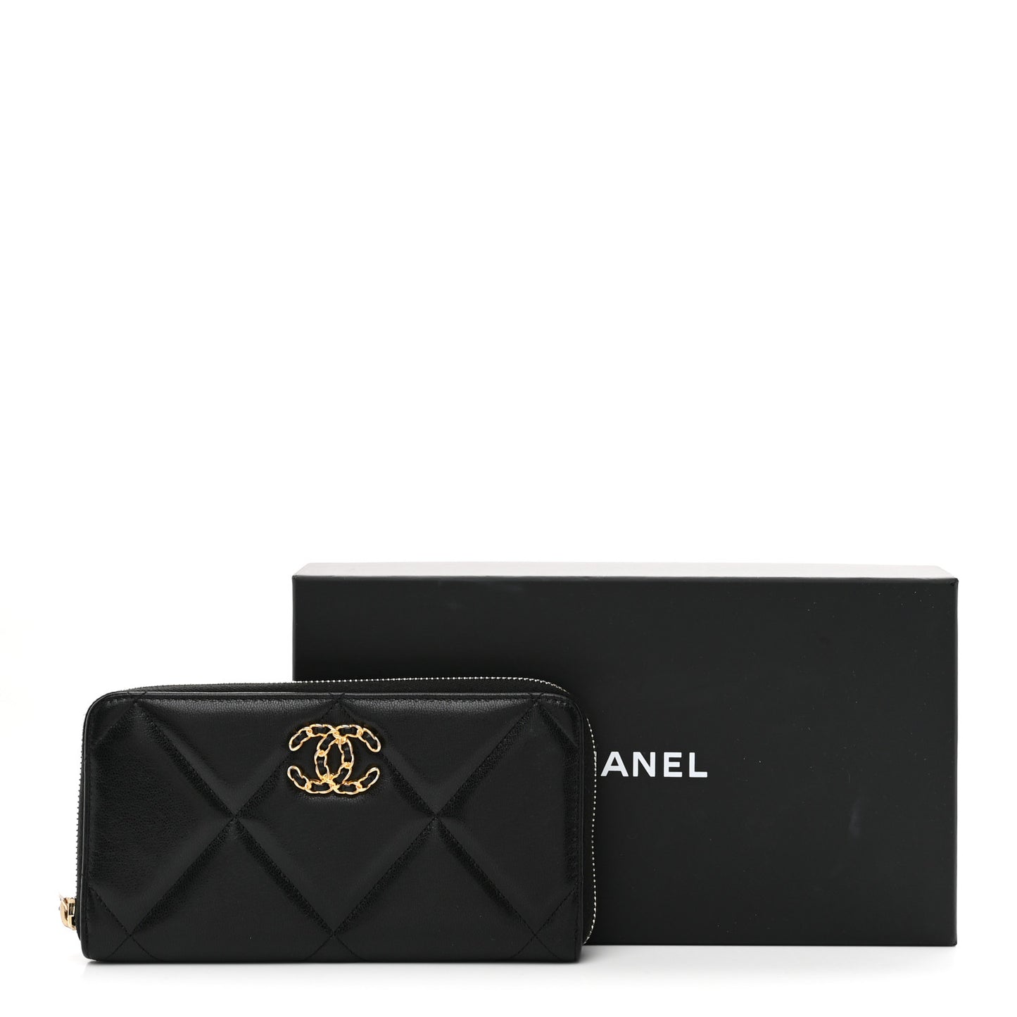 Shiny Goatskin Quilted Chanel 19 Long Zipped Around Wallet Black